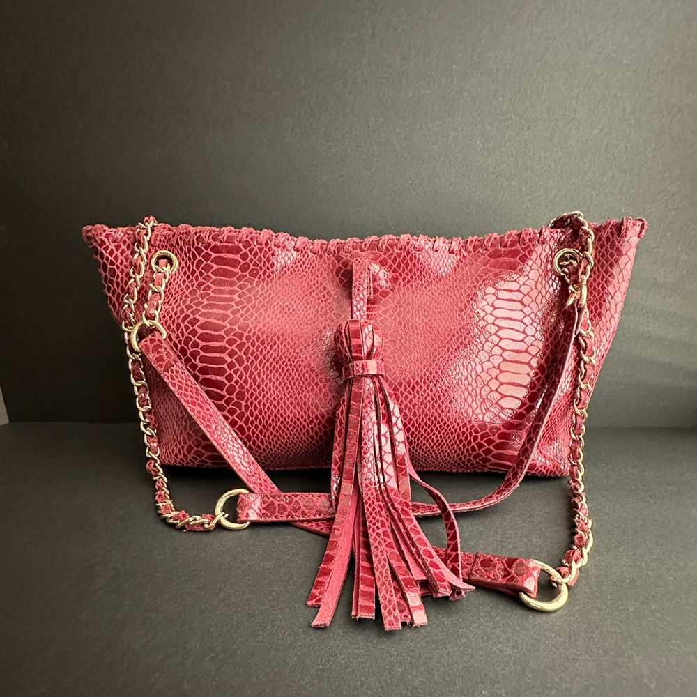 Buco Woman’s Handbag Red Snake Print Shoulder Tassel Chain Magnet Pocket Sz 13/7